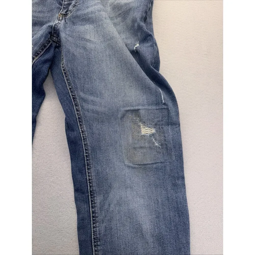 Sun + Stone Mens 34x30 Distressed Patch Straight Leg Stretch Jeans Light Wash
